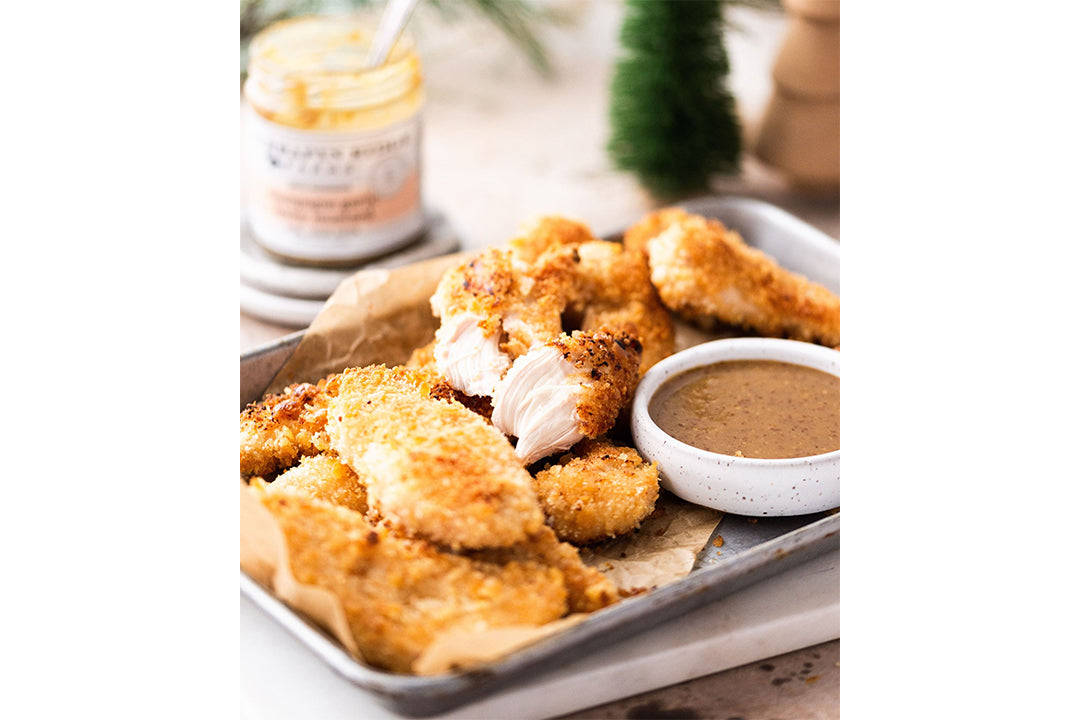 Cracker Crust Chicken Fingers with Terrapin Ridge Farms Champagne Garlic Honey Mustard Cracker Crust Chicken Fingers with Terrapin Ridge Farms Champagne Garlic Honey Mustard